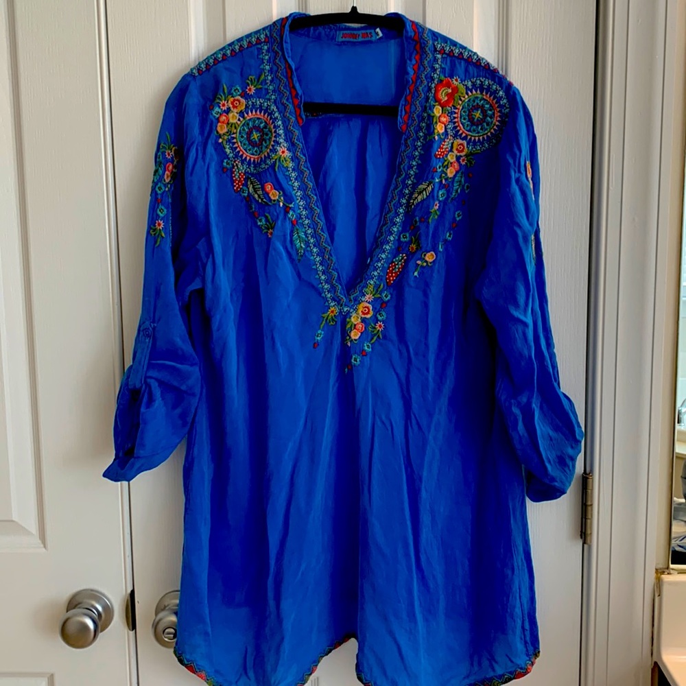Beautiful vibrant blue colorful Johnny Was tunic, XL